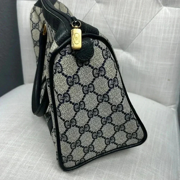 Vintage Gucci Boston Hand Bag Satchel Purse Monogram Navy Canvas Leather - Picture 7 of 16